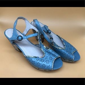Floral and light blue leather sanders with unique heel
